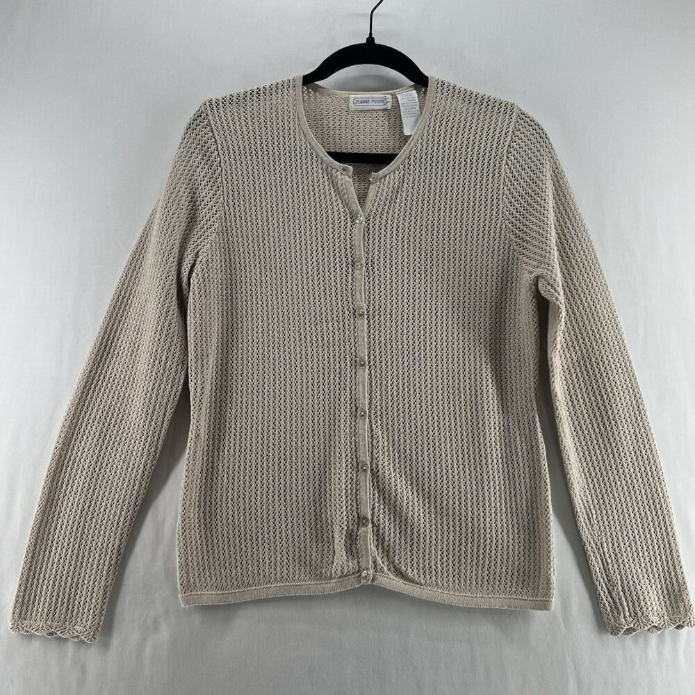 Jeanne Pierre Open Knit Cardigan Womens S Cotton Mesh Button Up Breathable Beige
